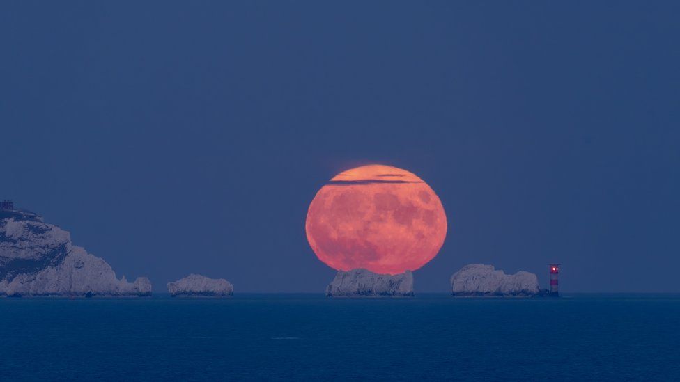 Moon rising above the Needles on the Isle of Wight