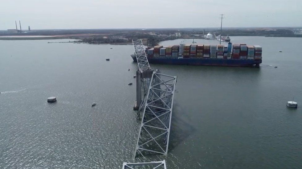 A drone view of the Dali cargo vessel, which crashed into the Francis Scott Key Bridge causing it to collapse, in Baltimore, Maryland, U.S., March 26, 2024, in this still image taken from a handout video