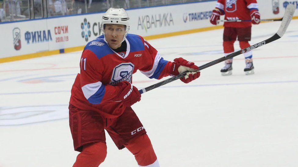 Putin playing ice hockey in Sochi, 2019