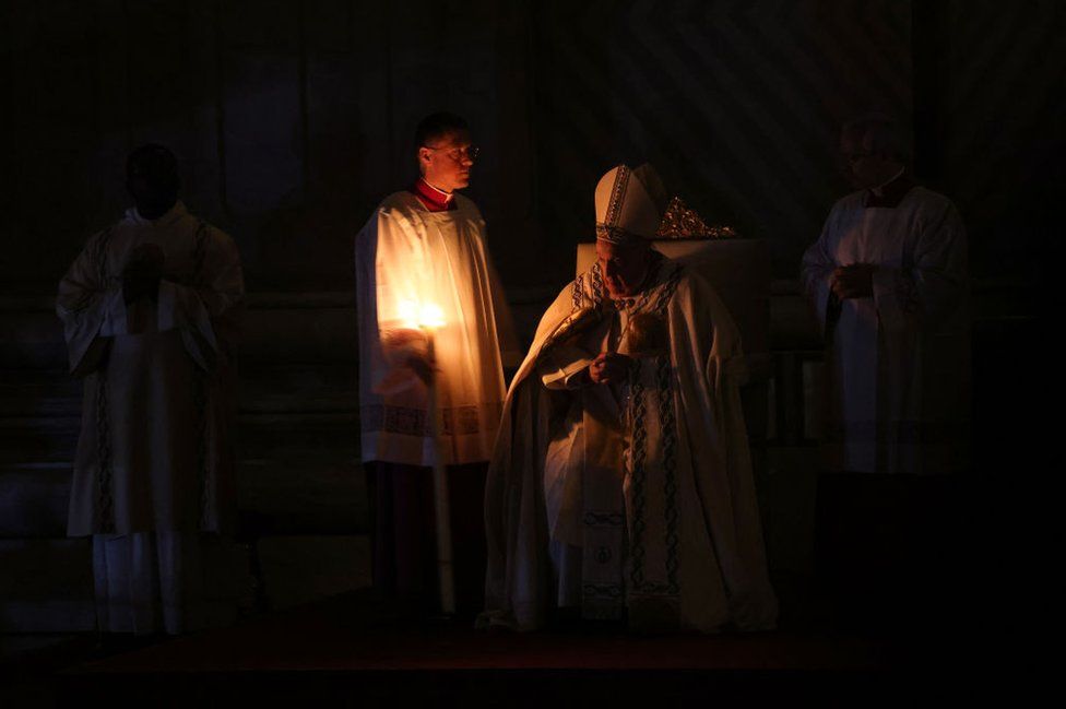Pope Francis presides the liturgy of the light during Easter Vigil Mass at St. Peter's Basilica on March 30, 2024 in Vatican City, Vatican.