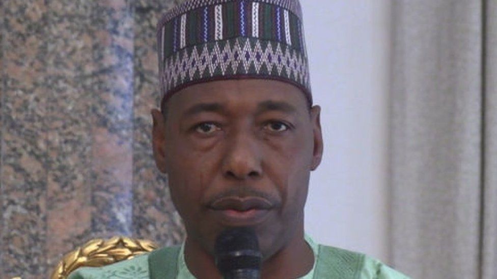 Babagana Umara Zulum, the Govorner of the Borno state, addresses people at the Shehu of Borno's palace in Maiduguri on February 12, 2020, to console with the people of the Auno community where over 30 lives were lost, 40 houses burnt and 18 vehicles set alight during an attack by insurgents on February 9, 2020