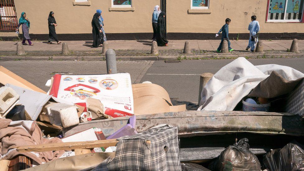 Household rubbish piled on an Alum Rock street, Birmingham