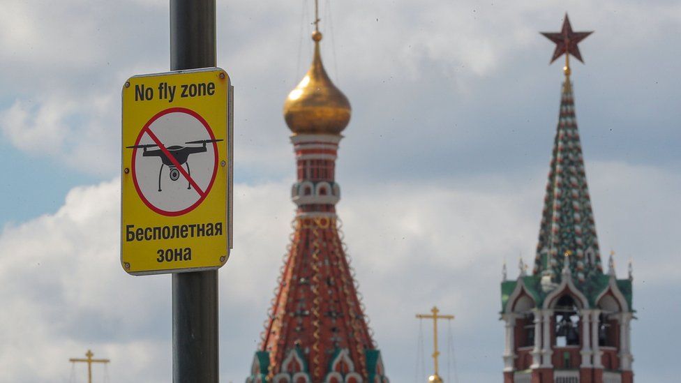 A 'No Drone Zone' sign is seen in front of the Moscow Kremlin on the Red square in Moscow, Russia, 4 May 2023
