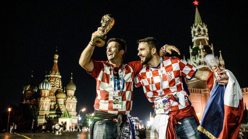 Croatian supporters celebrating their victory in Red Square, Moscow