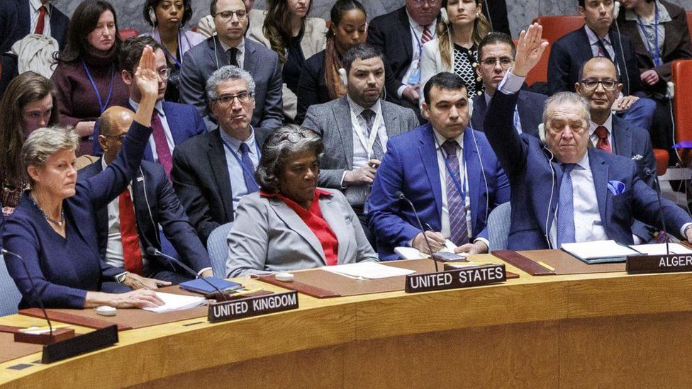Ambassadors, except for United States Ambassador Linda Thomas-Greenfield, raise their hands to vote in favour of a resolution calling for an immediate ceasefire in Gaza, during a United Nations Security Council meeting at the United Nations Headquarters in New York, USA, 25 March 2024.