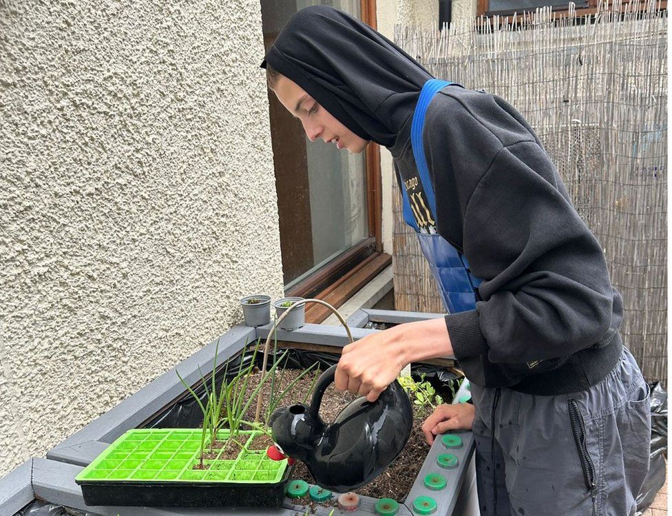 Nathan looking after plants in the school garden