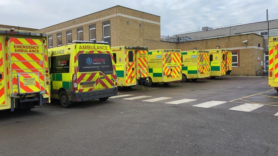 Ambulances pictured queuing outside Southend A&E in December 2020, amid Covid-19 pressures