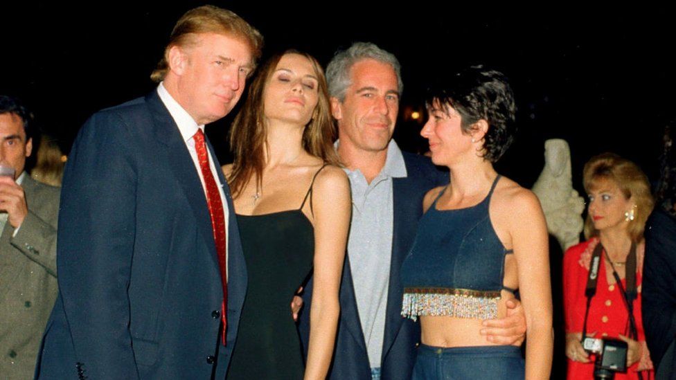 From left, Donald Trump and now-wife Melania Trump, Jeffrey Epstein, and Ghislaine Maxwell pose together at Mar-a-Lago, 12 February 2000