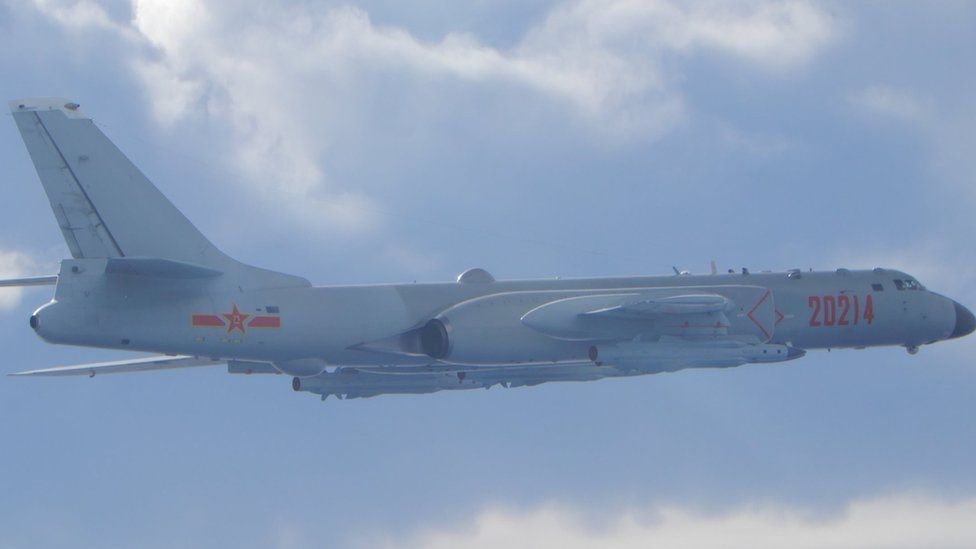 A Chinese H-6 bomber flies on a mission near the median line in the Taiwan Strait on 18 September 2020