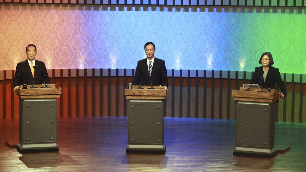 Taiwan's 2016 presidential election candidates with (L-R) People first Party's James Soong, KMT or Nationalist Party"s Eric Chu, and Democratic Progressive Party's, DPP, Tsai Ing-wen, at the start of their first televised policy debate in Taipei, Taiwan, 27 December 2015.