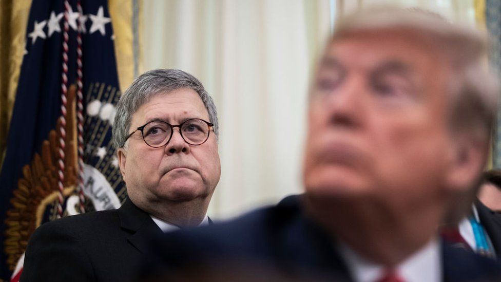Former US Attorney General William Barr and then-President Donald Trump