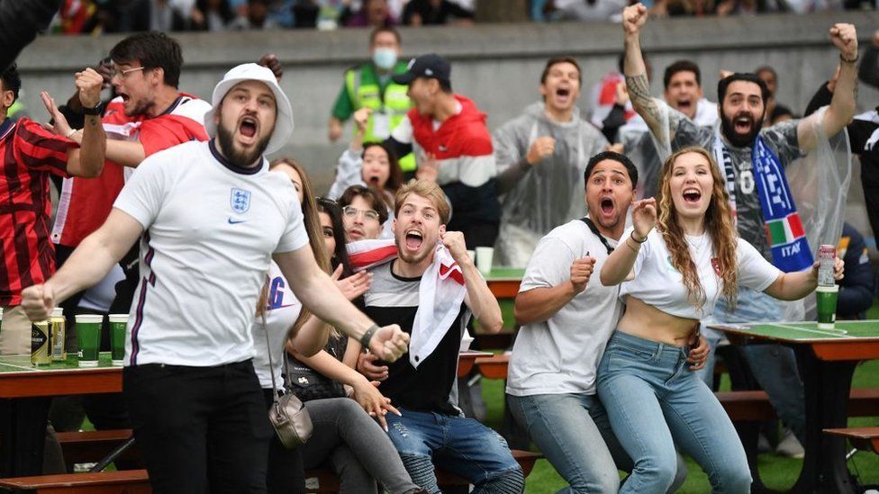 England supporters react to England's early opening goal while watching the Euro 2020 final at the fan zone in central London