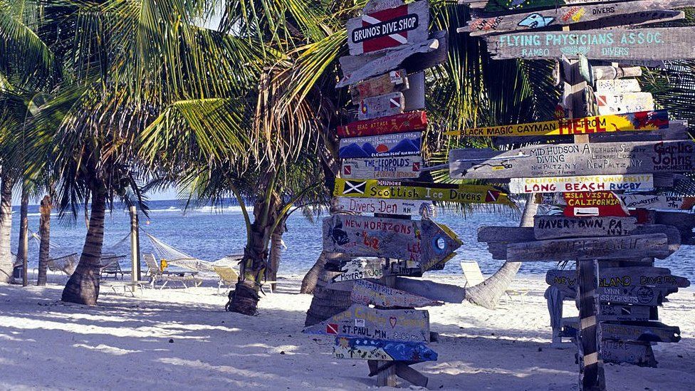 Signs on a beach on the Cayman Islands