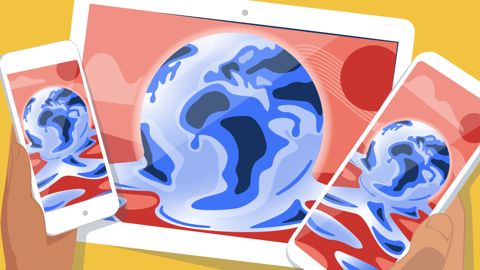 Illustration of two hands holding electronic devices showing melting planets.