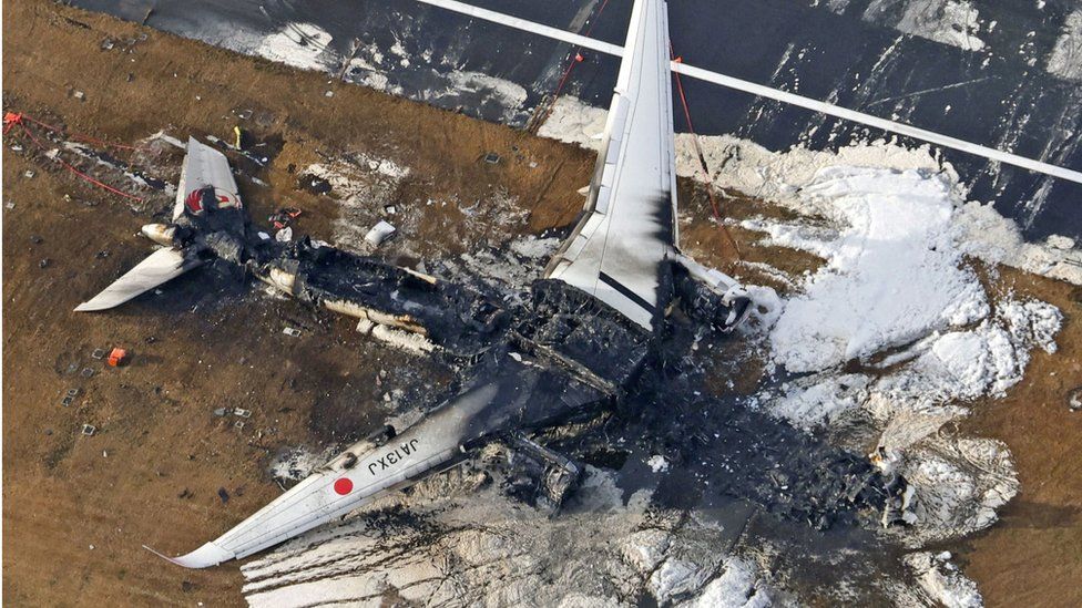 An aerial view shows burnt Japan Airlines' (JAL) Airbus A350 plane after a collision with a Japan Coast Guard aircraft at Haneda International Airport in Tokyo, Japan January 3, 2024, in this photo taken by Kyodo.