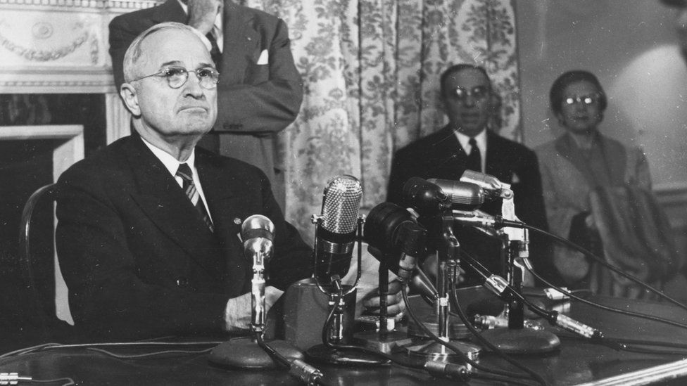 Former American President Harry S Truman (1884 - 1972) at a press conference after refusing to appear before the Un-American Activities Committee to answer questions