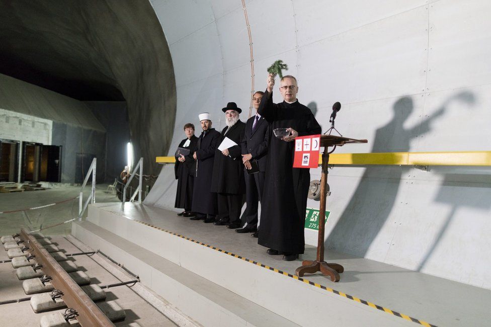 Religious figures attend a blessing of the Gotthard tunnel, 1 June