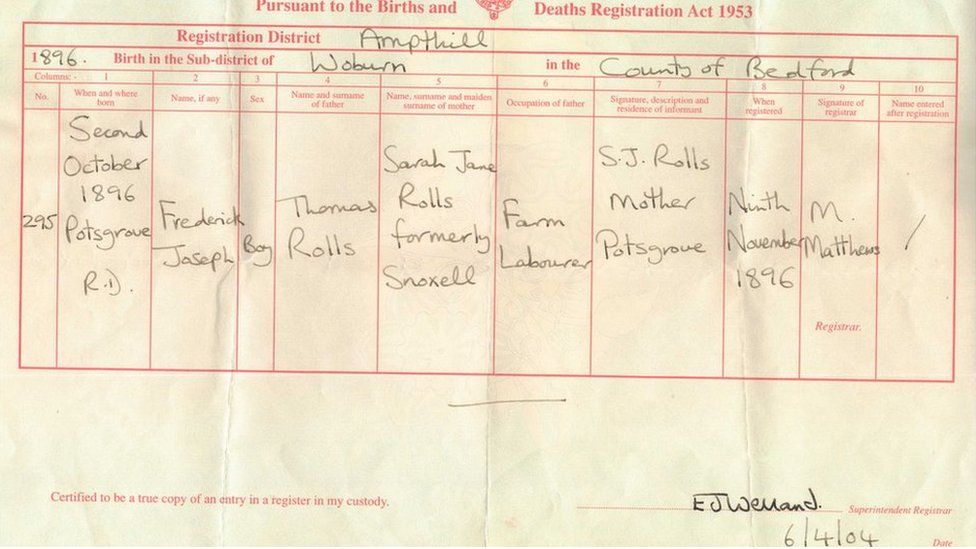 Frederick Rolls' birth certificate