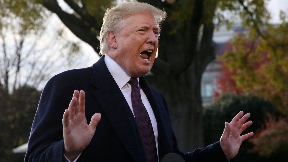 US President Donald Trump addresses the media at the White House in Washington before departing for Mar-a-Lago, 20 November 2018