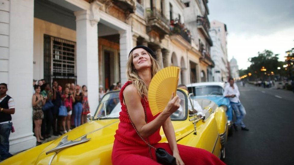 Brazilian model Gisele Bundchen poses before the show in Havana