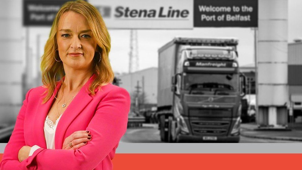 montage of Laura Kuenssberg and an image from the Port of Belfast