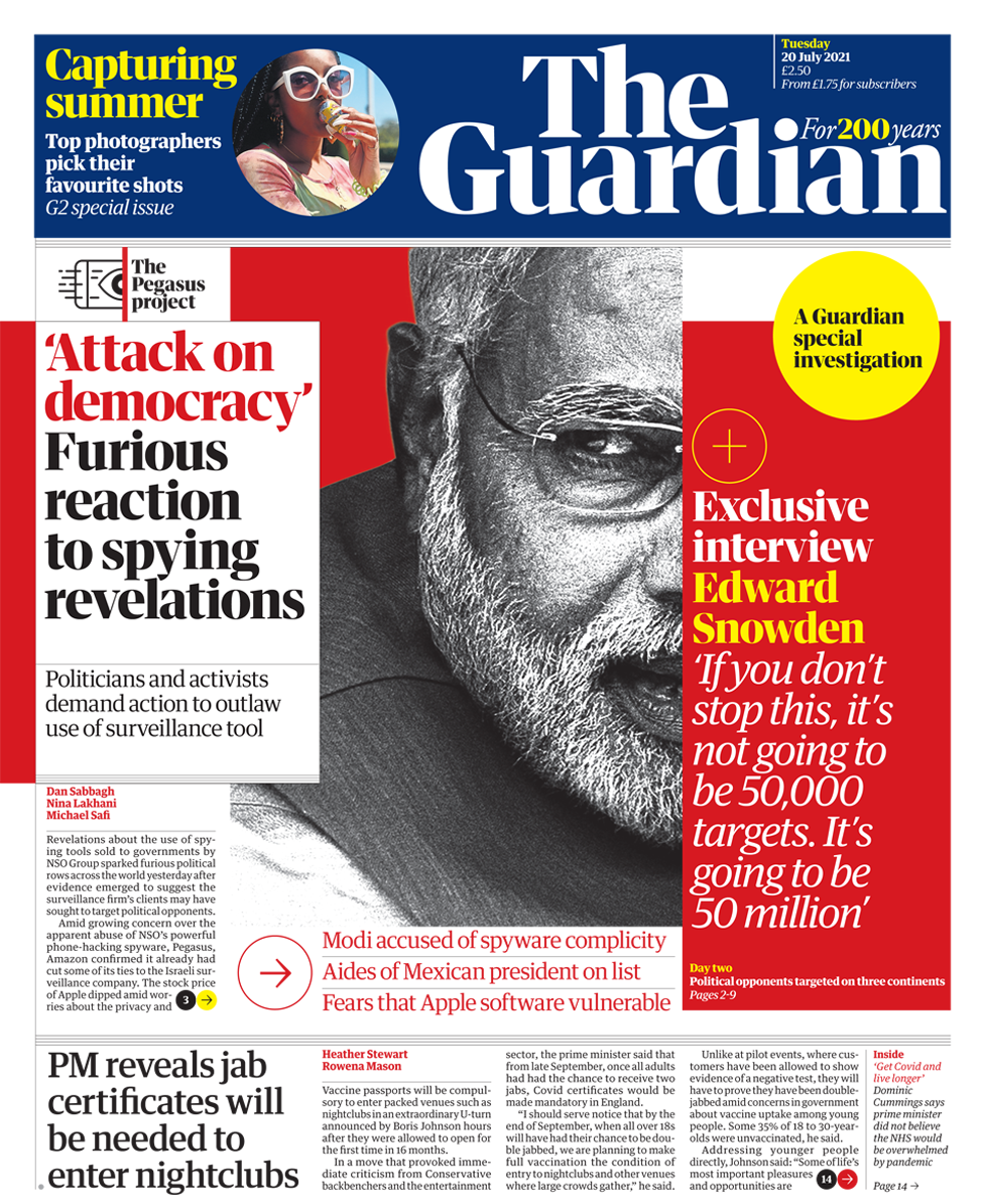The Guardian front page 20/07/21