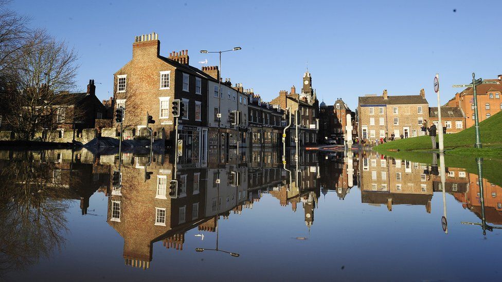 Properties in York city centre were reflected in water