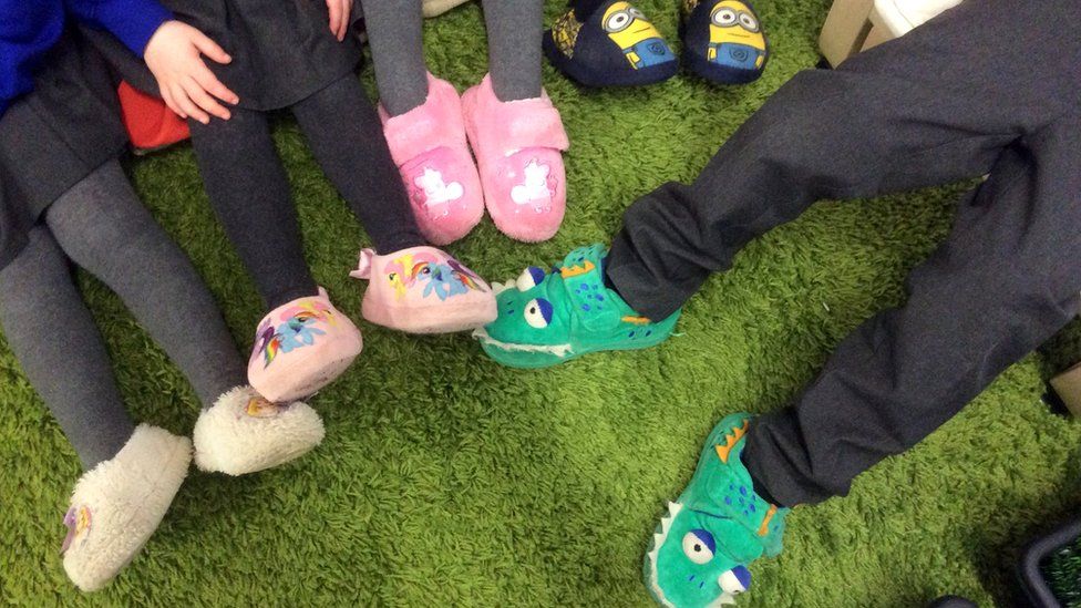 Children wearing slippers