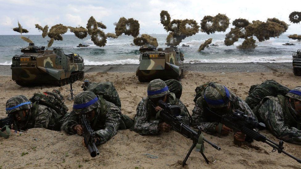 South Korean marines participate in landing operation referred to as Foal Eagle joint military exercise with US troops Pohang seashore on 2 April 2017 in Pohang, South Korea.