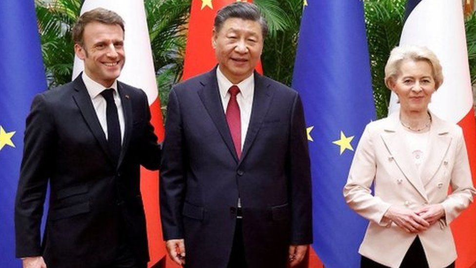 China's President Xi Jinping, his French counterpart Emmanuel Macron and European Commission President Ursula von de Leyen meet for a working session in Beijing, China April 6, 2023