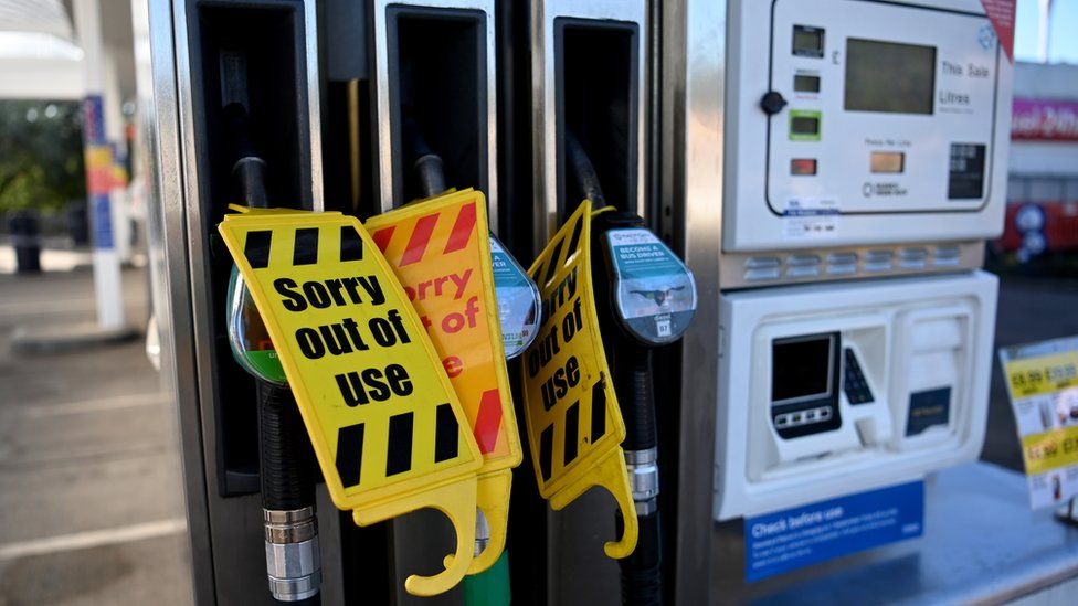 Petrol pumps blocked with "sorry out of use" plastic tags