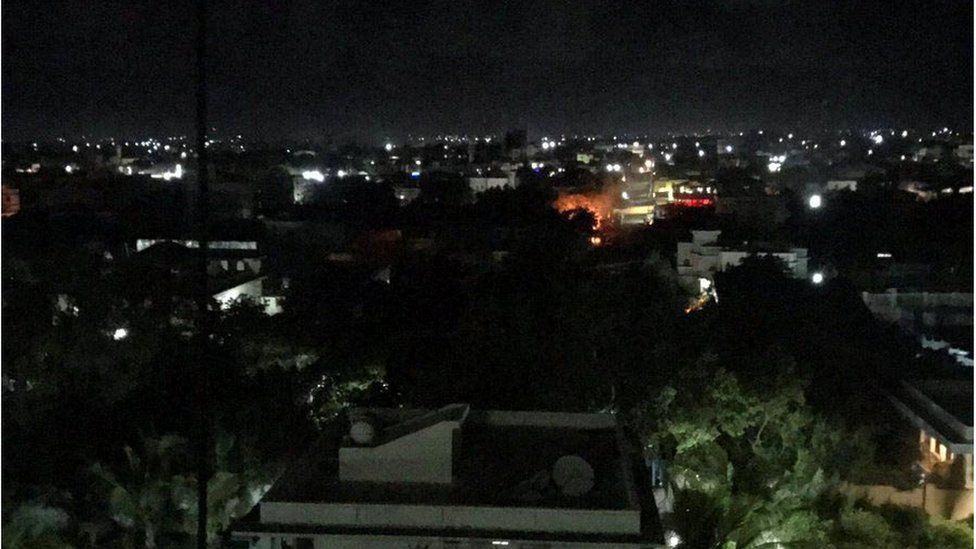 An explosion is seen at the Pizza House restaurant in Mogadishu, Somalia, June 14, 2017, in this picture obtained from social media.