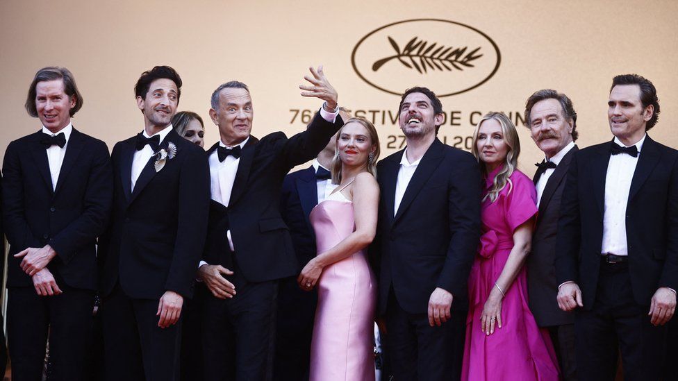 Director Wes Anderson and actors Adrien Brody, Tom Hanks, Matt Dillon, Scarlett Johansson, Bryan Cranston and Hope Davis posed for pictures at the Cannes Film Festival