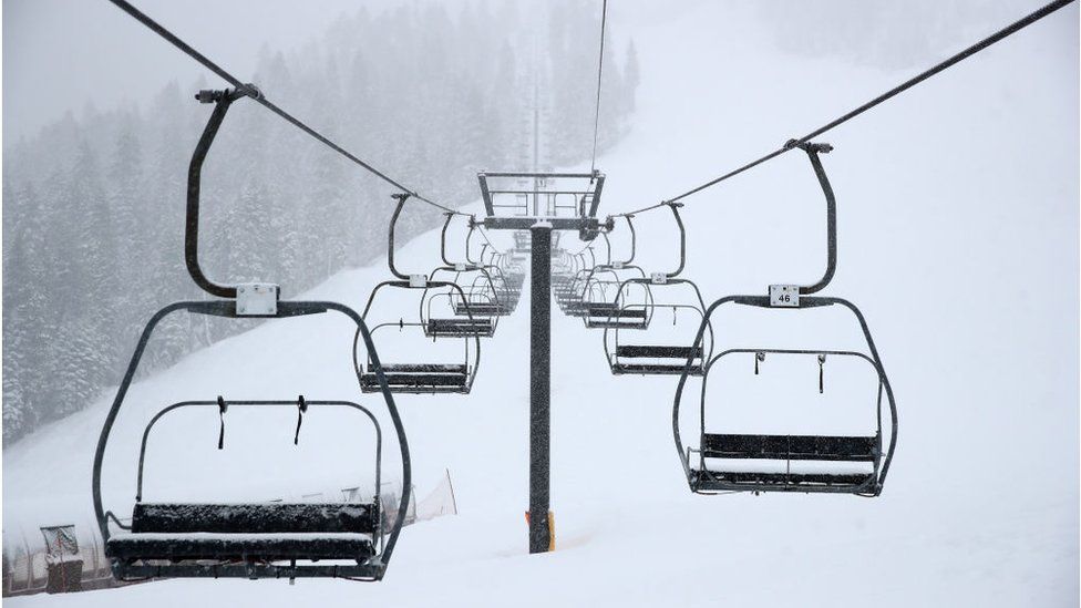 Ski chair lifts at Palisades Tahoe ski resort in California