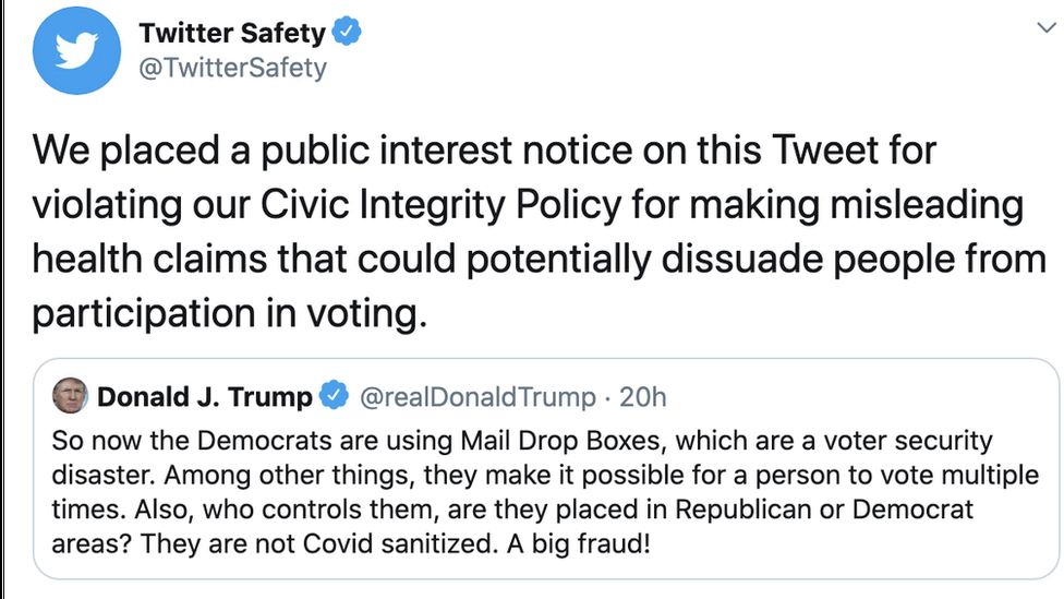 Trumps Postal Vote Tweet Misleading Says Twitter Bbc News 