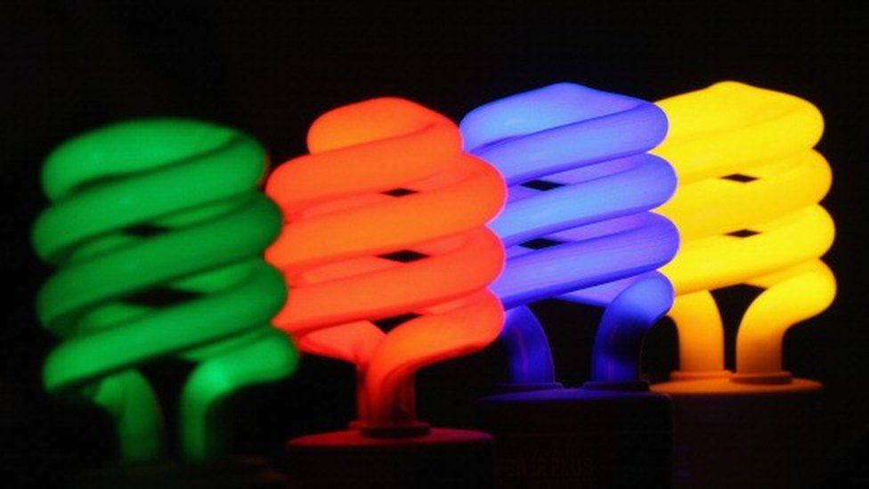 A series of coloured light bulbs