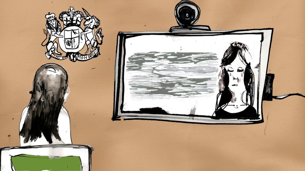 Illustration of a girl watching herself filmed on a TV screen in a court room