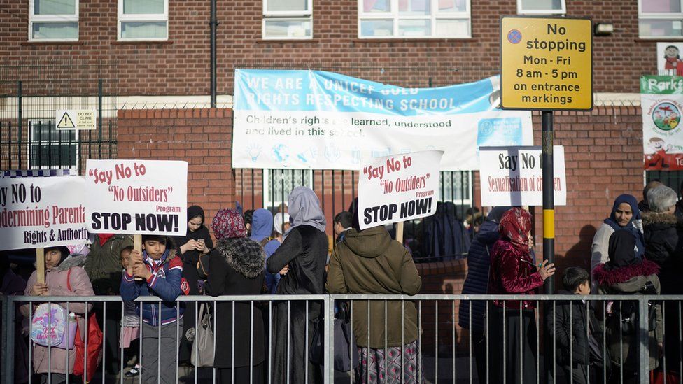 Protesters outside Parkfield Community School on 21 March