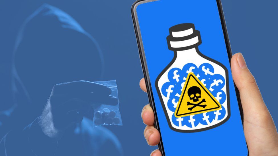 Illustration of a smartphone showing a bottle of poison filled with Facebook logos
