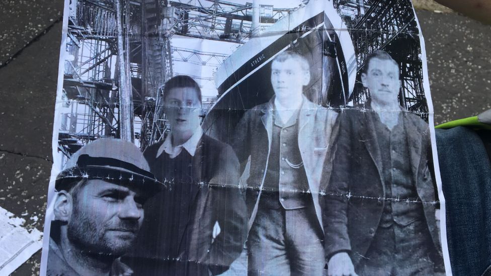 A photographic montage of four generations of the Childs family who worked at Harland and Wolff