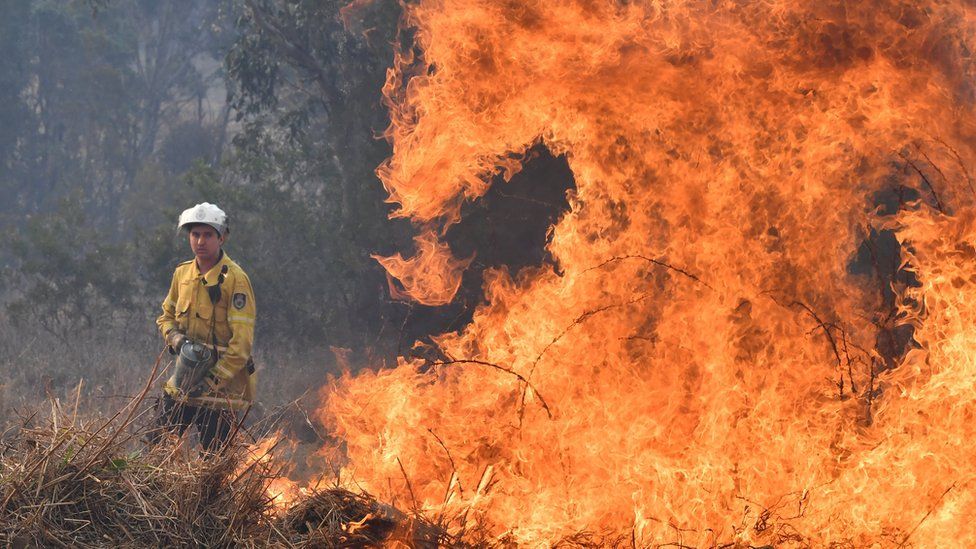 A firefighter next to a fire at Long Gully Road in northern New South Wales on 9 September.
