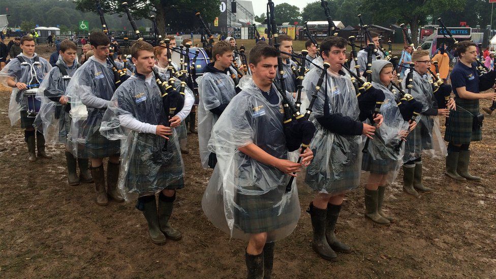 The teenage bagpipers who are playing T in the Park