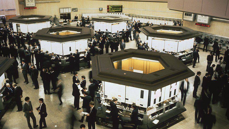Traders at work at the London stock exchange, circa 1980