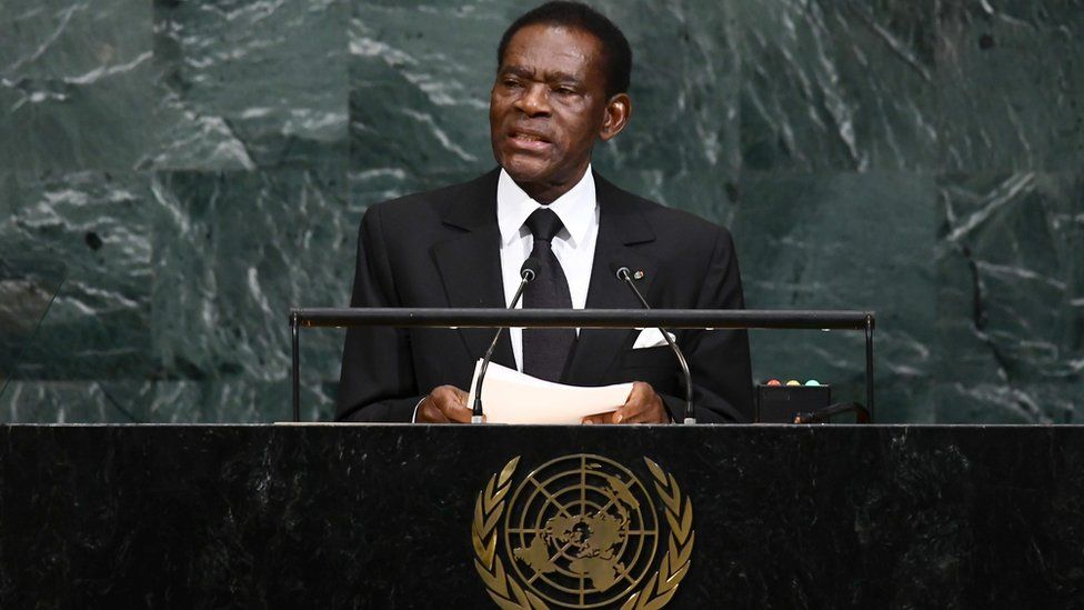 File photo of Equatorial Guinean President Teodoro Obiang Nguema Mbasogo addressing United Nations General assembly at the UN headquarters in New York on 21 September 2017