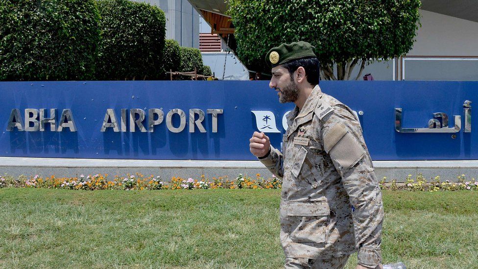 File photo showing Saudi military officer outside Abha airport on 13 June 2019