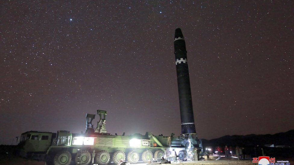 This photo taken on 29 November 2017 and released on 30 November 2017 by North Korea's official Korean Central News Agency (KCNA) shows the Hwansong-15 missile which is capable of reaching all parts of the US.