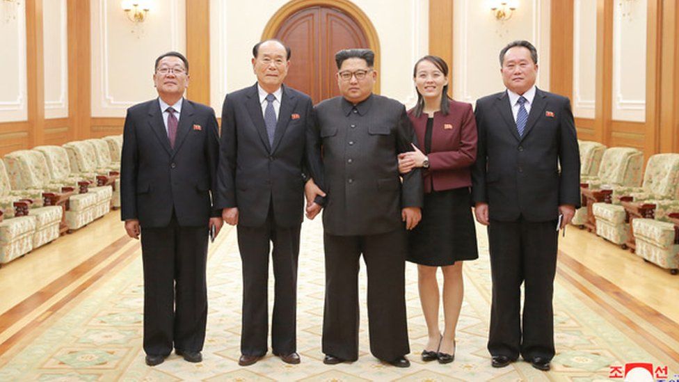 This handout photo by KCNA shows Kim Jong-un, who appears to be supported by Ms Kim Yo-jong on his left and Mr Kim Yong-nam on his right. Choe Hwi is standing on the extreme right and Ri Son-gwon on the extreme left