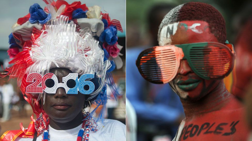 L: An opposition NPP party supporter in 2016 glasses A supporter of the NDC in big painted glasses in 2012