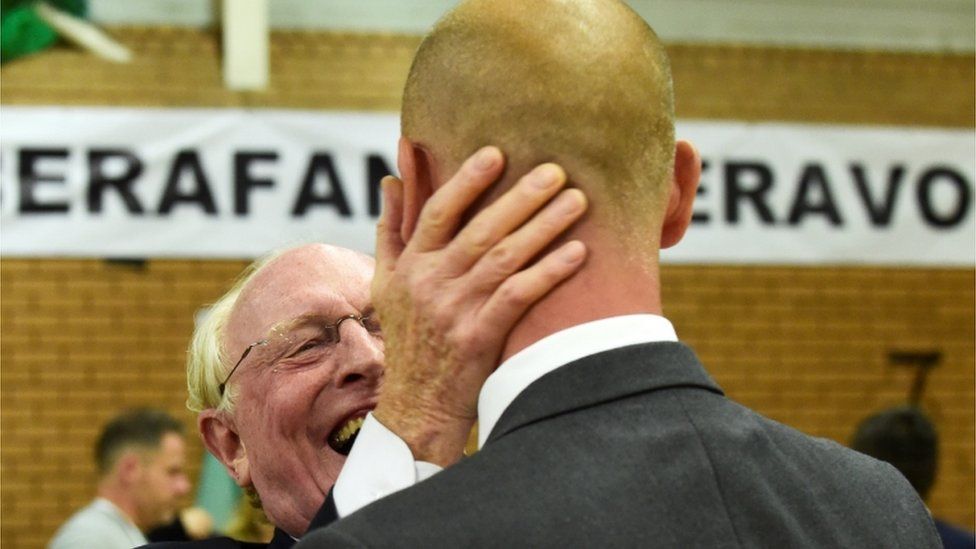 Neil Kinnock congratulates his son Stephen on retaining Aberavon