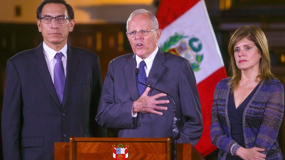Peruvian President Pedro Pablo Kuczynski (C) with vice-presidents Martin Vizcarra and Mercedes Araoz at the government palace in Lima, Peru, December 20, 2017